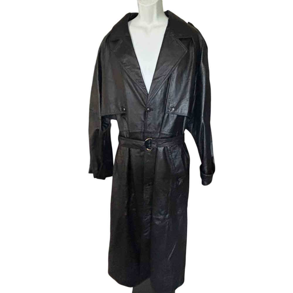 Vintage KingSize 100% Genuine Leather Trench Coat Size XL Black Big and Tall